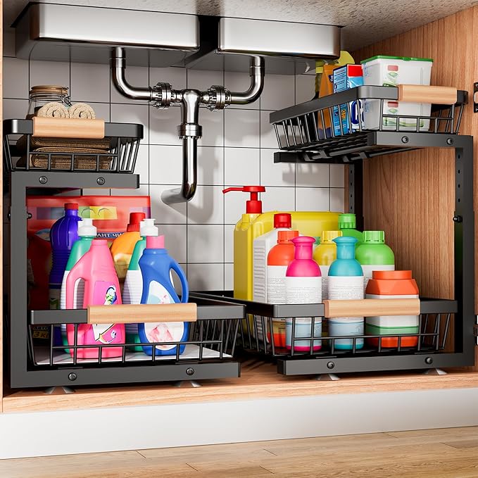 Under Sink Organizer, 2 Pack 2 Tier Under Sink Organizers and Storage, Slide Out Pull Out Cabinet Organizer Shelf, Height Adjustable Metal Drawer for Kitchen Bathroom Closet Organization Rack Black