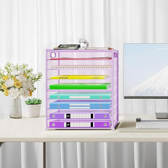 Cawukege 9 Tier Paper Organizer with Handle, 2 Pack Large Capacity Desk Organizer Mesh Paper Letter Tray File Folder Document Sorter for Classroom and Office Accessories Organization- Purple