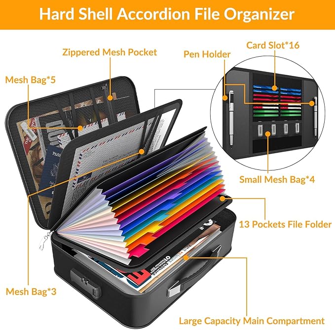 onvvippiv Hard Case Fireproof Document Box, Important File Organizer with Lock Waterproof Zipper, Portable Home Office Travel Storage Accordion Folder for Letter A4 Laptop Files