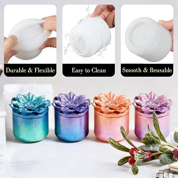 1Pc Jar Epoxy Resin Casting Mold with Poppy Flower Lid Jewelry Storage Box Container Silicone Mold for DIY Plant Flowerpot Vase Candle Holder Concrete Art Craft Home Decor Polymer Clay