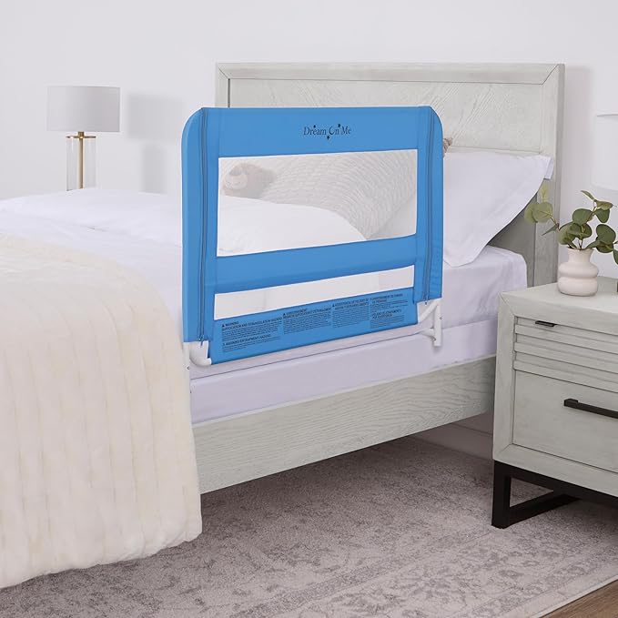 Dream On Me Mesh Security Bed Rail – Toddler Safety Guard with breathable mesh, reinforced anchor system, lightweight, portable, fits adult twin-size beds, Blue