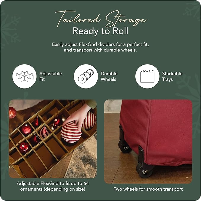 Covermates Keepsakes Rolling Adjustable Ornament Storage Bag – Heavy-Duty Polyester, FlexGrid Trays & Padded Dividers – Protective Holiday Organizer with Wheels, Handles & ID Window, Red