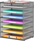 Lavatino 8-Tier Office Desk File Organizer, Letter Tray Paper Organizer with Handle, Including 5 Adjustable Slide Trays for Organizing Desktop Workspace Accessories and Supplies (Grey Metal Mesh)