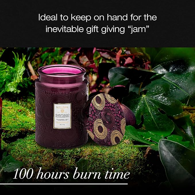 Voluspa Santiago Huckleberry, Large Candle Jar, 18 oz, 100 Hour Burn Time, All Natural Wicks and Coconut Wax for Clean Burning, Vegan, Poured in The USA