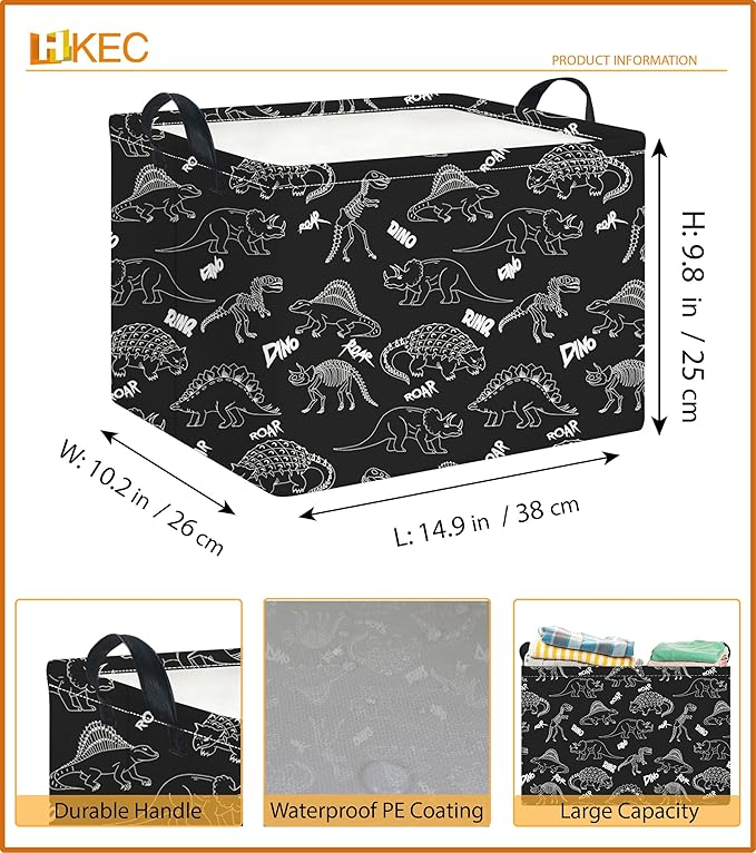 Rectangle Storage Basket with Handles,Collapsible Storage Bin,Books Box,Gift Basket(Black Line Dinosaur)