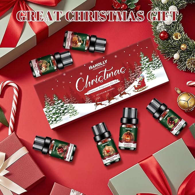 Christmas Fragrance Oil Set, 6 Premium Holiday Essential Oils for Diffuser, Candle Making - Caramel Pumpkin Swirl, Apple Cinnamon, Merry Berry Christmas, Christmas Fireplace Scented Oil Gift Set