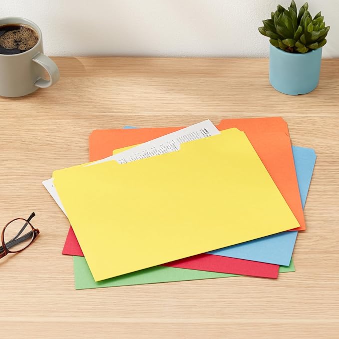 Amazon Basics Sturdy File Folders with Tabs for Filing and Organization, AMZ401, Letter Size, Assorted Colors, 100-Pack