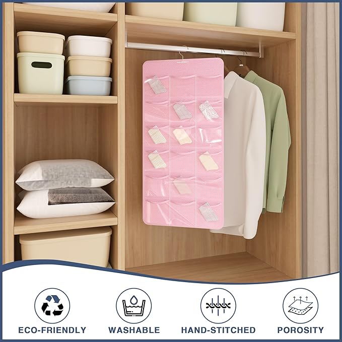 Hanging Closet Underwear Organizer, 28-Pockets Dual-Sided Storage for Socks, Bras, and Leggings Lingerie and Kids’ Clothing, Pink