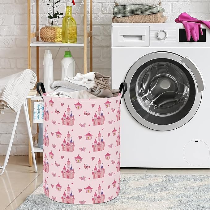 LANGYASHAN Girl Laundry Basket Canvas Fabric Collapsible Organizer Basket for Storage Bin Toy Bins Gift Baskets Bedroom Clothes Children Nursery Hamper (Pink Castle)