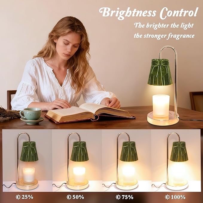Green Coquette Bow Candle Warmer Lamp with Timer, Dimmable, Sage Green Décor Velvet for Home, Electric Wax Warmer for Jar Candles, Gifts for Birthday, Mom Women, Dad, Friend