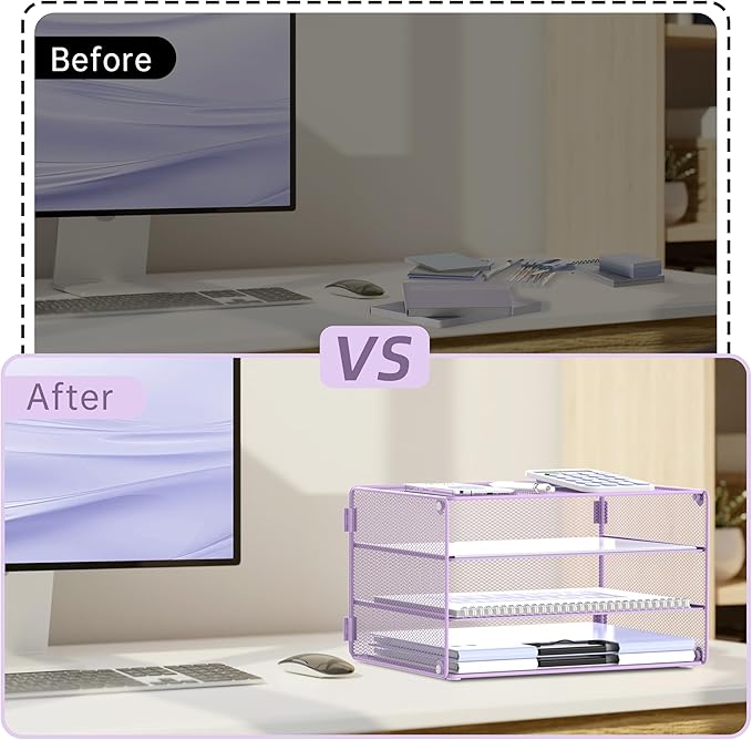 DALTACK 3 Tier Letter Tray Paper Organizer Mesh Metal Desk File Organizer for Home & Office, Light Purple