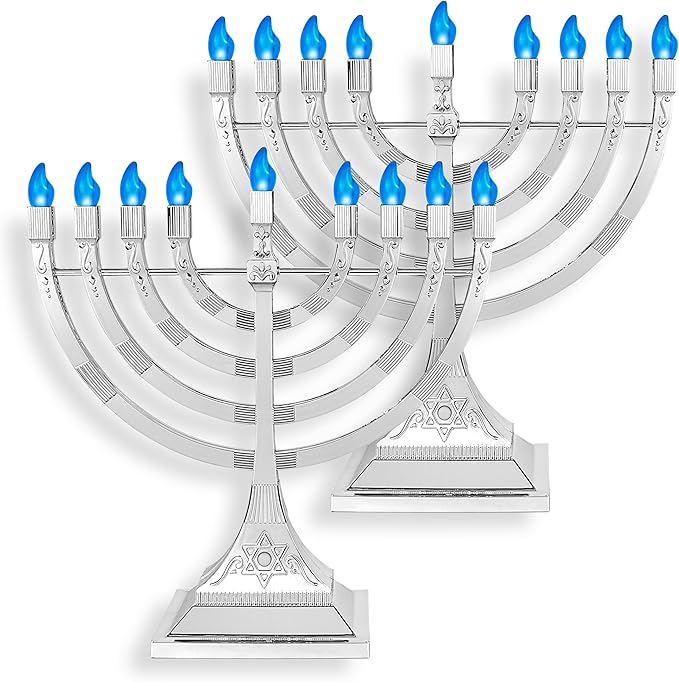 Zion Judaica Pack of 2 Hanukkah Electric Menorahs LED USB Powered Menorah Electronic Hanukkiah Battery Minorah Flamless Chanukah Candles (Silver, 2)