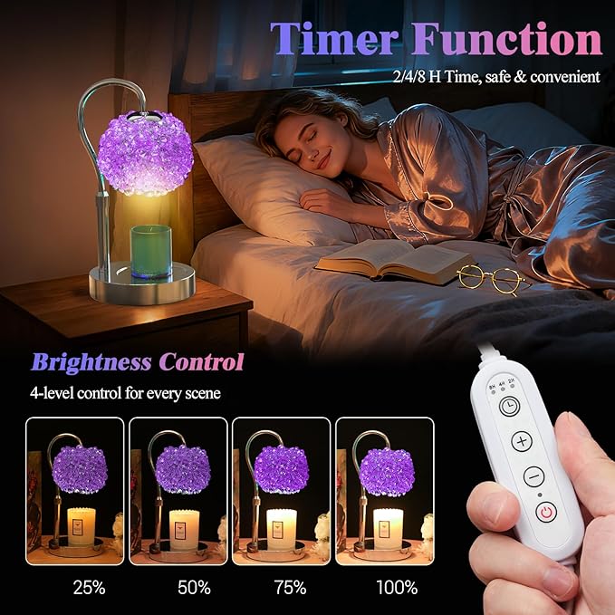 Luxury Candle Warmer Lamp with Timer & Dimmable Brightness, Crystal Gemstone Shade & Premium Base - Adjustable Wax Melt Warmer for Home Decor (Purple)
