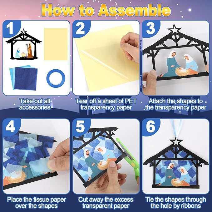 Qyeahkj 36 Set Christmas Nativity Suncatchers Crafts for DIY Nativity Scene Window Tissue Paper Craft Kit Hanging Decor for Xmas Holiday Home Activity Art Project Birthday Party Favor Gift