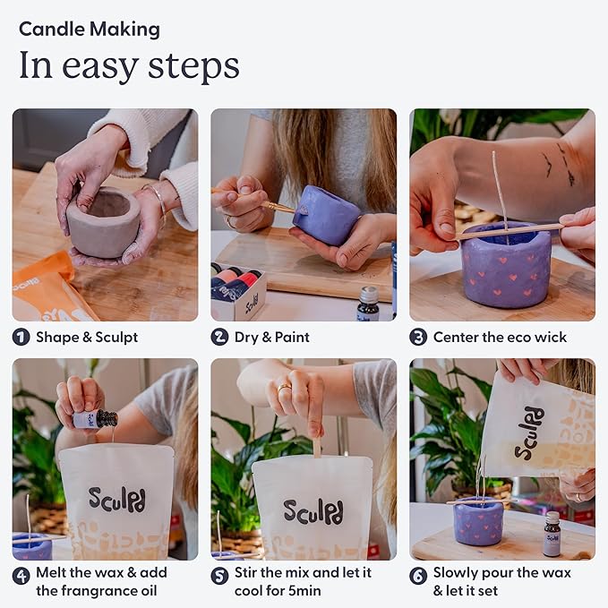 Sculpd Candle Making Pottery Kit for Adults with Air Dry Clay and Acrylic Paint Set, Non-Toxic Eco Soy Wax, Scented Fragrance Oil, Candle Glaze, Tools & Guide, 2 Candles, Basil & Citrus