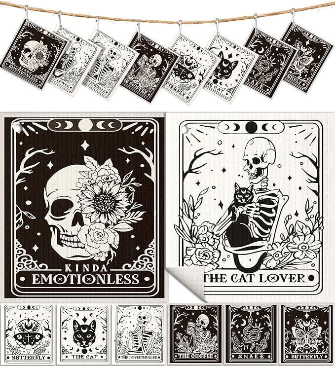 Miss Adola 8 Pack Reusable Kitchen Dishcloths - Absorbent, Fast Drying, Washable Swedish Towels with Cute Black Skull Design