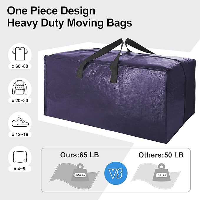 VELVETSURE 12 Pack Heavy Duty Large Moving Bags W/Backpack Straps - Strong Handles & Zippers, Storage Totes, Fold Flat, Alternative to Moving Box and Storage Bin, Semi-Transparent+Blue+Black