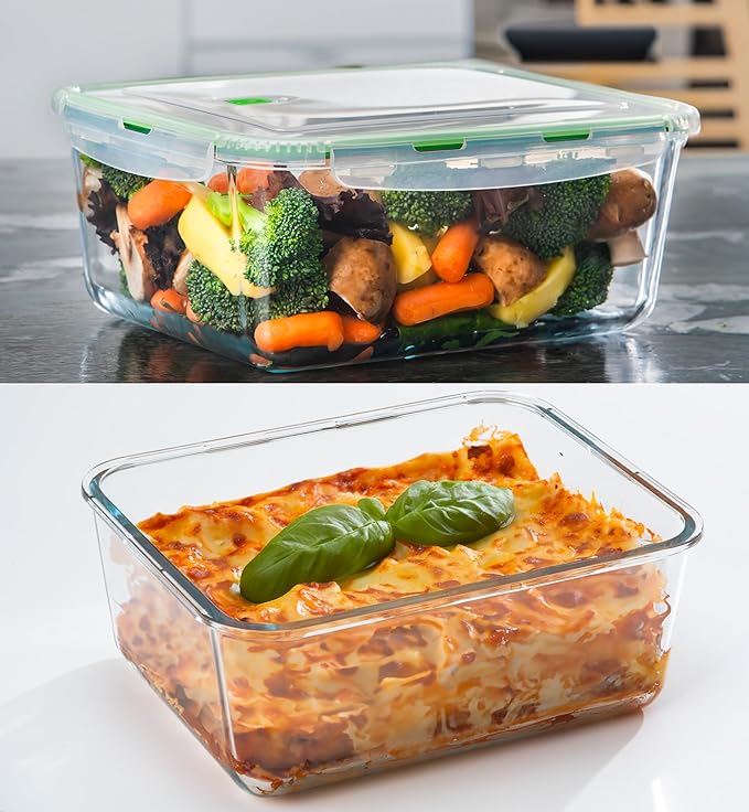 63 Oz 2 Pcs Large Glass Food Storage Containers 8 Cups Family Size Set Baking Containers with Locking Lids Storing food, BPA Free Leak Proof Microwave Oven Safe (2, 63 OZ)