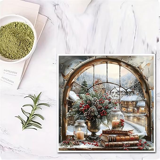 BOHADIY Christmas Window Diamond Art Kits for Adults Beginners, 5D DIY Full Round Drill Diamond Painting Kits, Candle Paint by Diamonds Dot Gem Art Crystal Easy,Home Wall Decor 13.7X13.7Inch