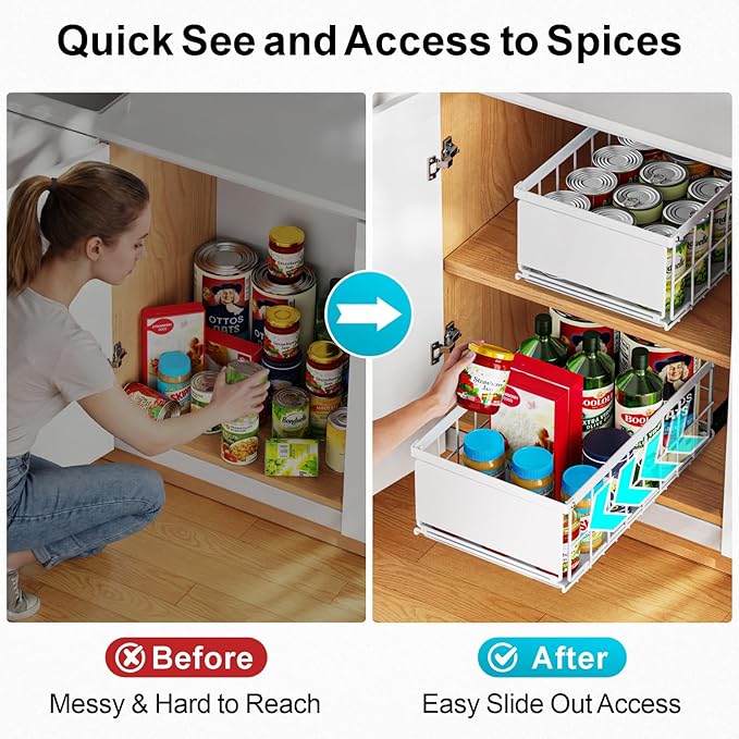 iSPECLE Pull Out Cabinet Organizer, Adhesive Slide Out Drawers with 6.9" High Sides, No Drill Under Cabinet Storage Shelves for Kitchen Pantry, Heavy Duty Smooth Gliding Rolling Tray, White