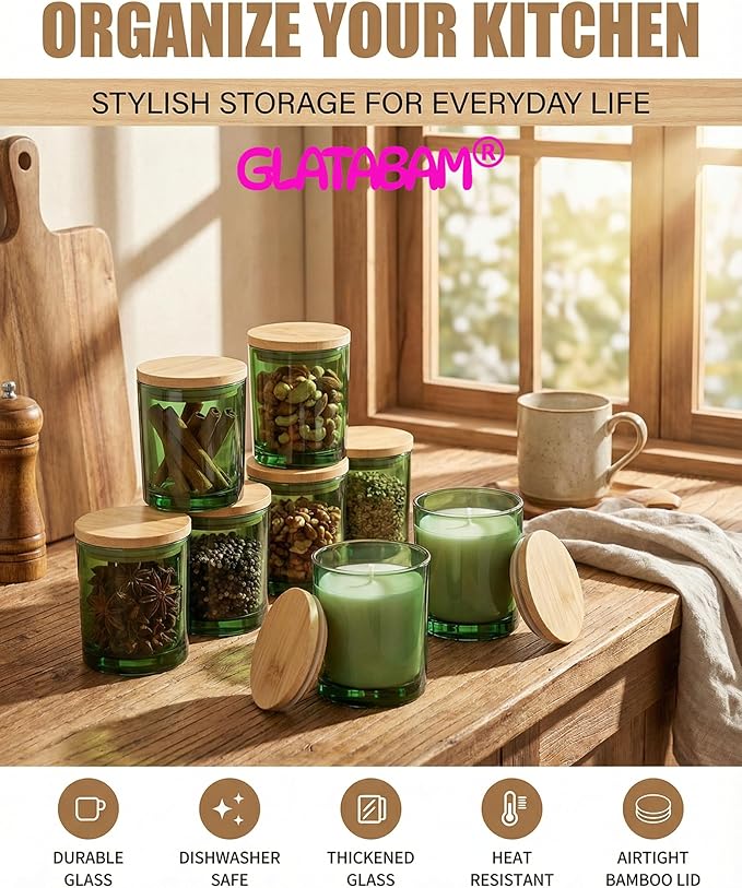GLATABAM 10 OZ Candle Jars 12 Pack - Bulk Glass Candle Making Jars with Bamboo Lids & Labels, Heat Resistant Empty Reusable Candle Vessel for Containers(Green)