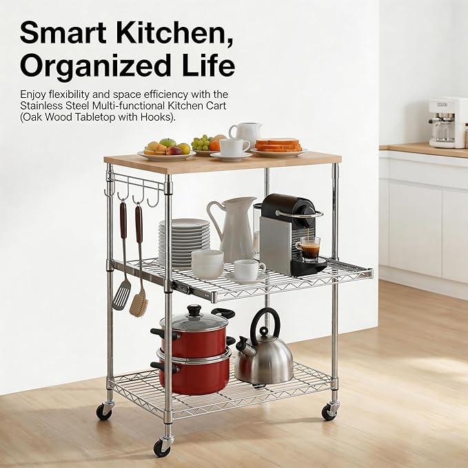 Finnhomy 3-Tier Rolling Kitchen Cart, Microwave Cart with Oak Wood Tabletop and Drawer Slider, Coffee Cart & Food Service Cart with Hooks, Chrome