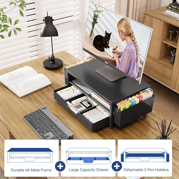 OPNICE Desk Organizers and Accessories, Computer Monitor Stand Riser with Drawer and 2 Pen Holders, Laptop Stand, Office Desk Accessories & Workspace Organizers for Home Office Supplies, Black