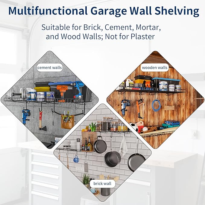2 Pack Garage Wall Shelf, Wall Mounted Storage Shelves, Heavy Duty Metal Shelves for Room Wall, Loads 80 LBS Floating Shelves Mesh Storage Rack for Garage, Office, Basement,Wall Cabinet and Kitchen