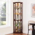 69" H Lighted Curio Cabinet Corner Display Case,Corner Glass Cabinet with Tempered Glass Door and Adjustable Shelves,Wooden Curio case with Mirrored Back Pane (Style 2 - Dark Cherry)