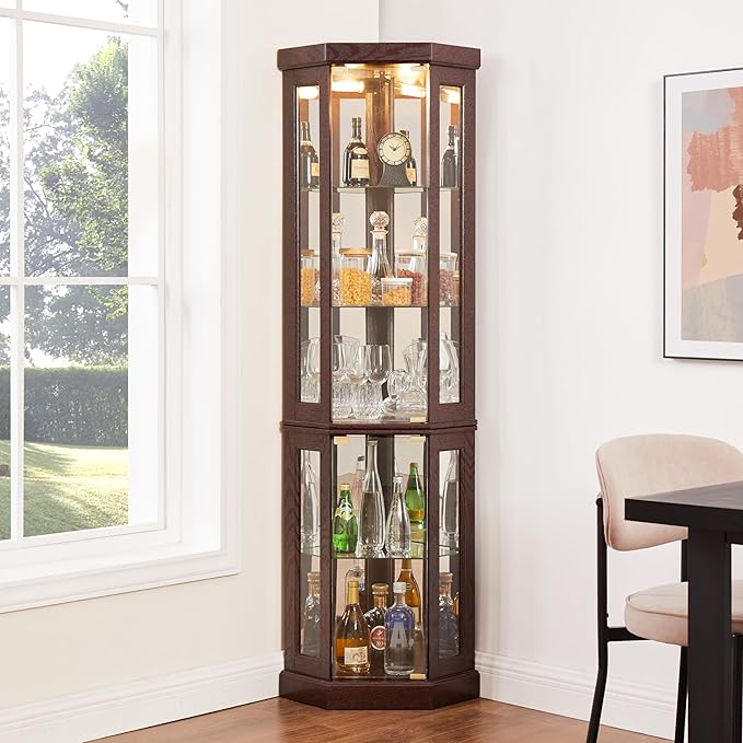 69" H Lighted Curio Cabinet Corner Display Case,Corner Glass Cabinet with Tempered Glass Door and Adjustable Shelves,Wooden Curio case with Mirrored Back Pane (Style 2 - Dark Cherry)