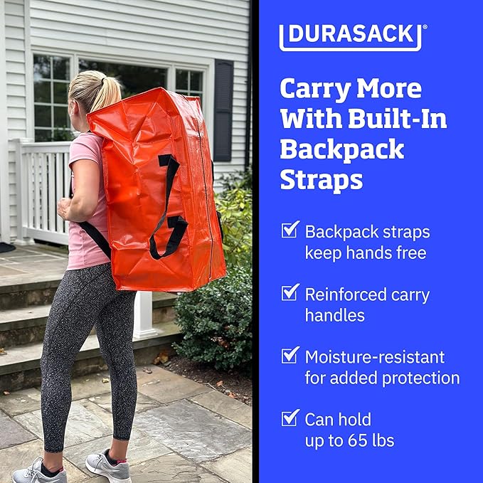 DURASACK Heavy Duty Moving Bag Storage Container Duffle Bag with Zipper, Reinforced Carry Straps and Backpack Straps, Made of Rugged Woven Polypropylene, Pack of 4, Orange