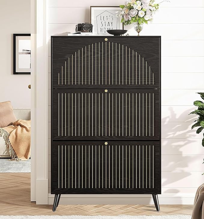 Fsbecl Shoe Storage Cabinet for Entryway with 3 Flip Drawers, Narrow Shoe Organizer with Fluted Panel, Freestanding Wood Hidden Shoe Cabinet for Hallway(Black, 31.4''W, Double Layer)
