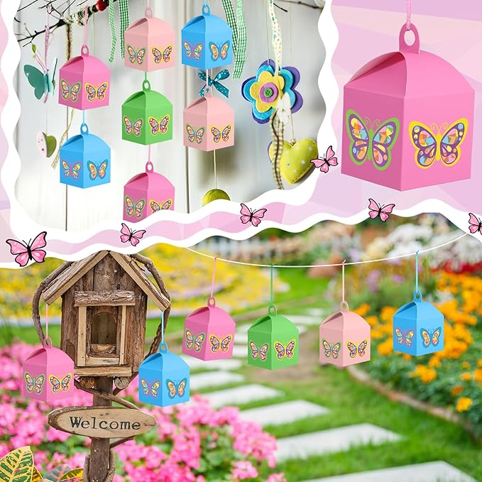Simgoing 12 Sets Butterfly Crafts with LED Lights Butterfly Tissue Paper Crafts Kits DIY Hanging Suncatchers Lanterns Kits for Window Decor Spring Party Favor Art Activities