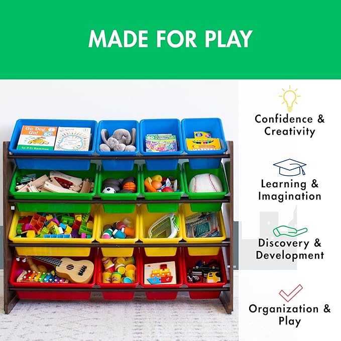 Humble Crew Supersized Toy Storage Organizer with 16 Removable Bins, Walnut/Primary – Large Toy Storage for Toddlers Ideal for Kids' Rooms, Playrooms, and Nurseries - Modern Toy Bins for Kids
