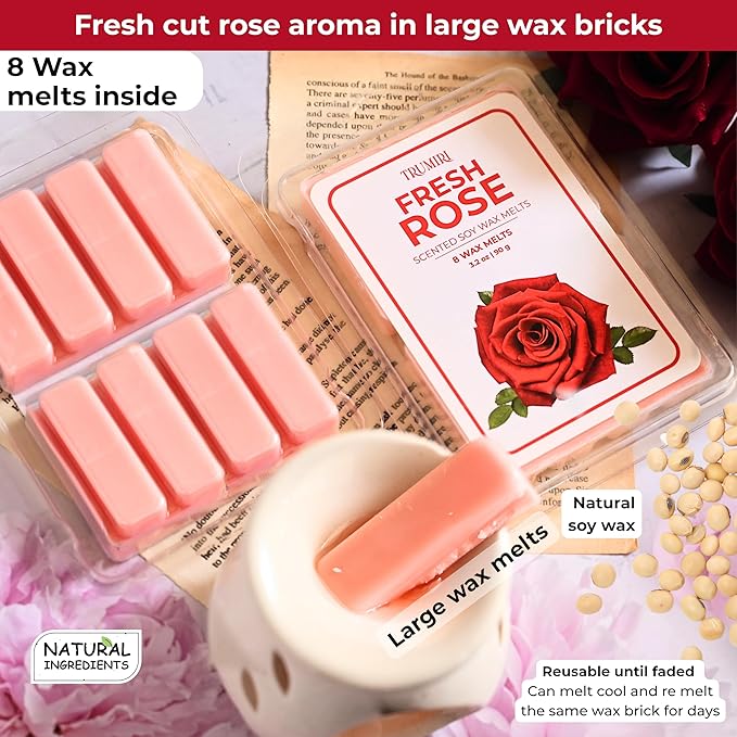 TRUMIRI Fresh Rose Scented Wax Melts - Made with Non Toxic Soy Wax and Essential Oils - Long Lasting Strong Scent Pet Safe Floral Candle Wax Cubes Tarts for Warmers