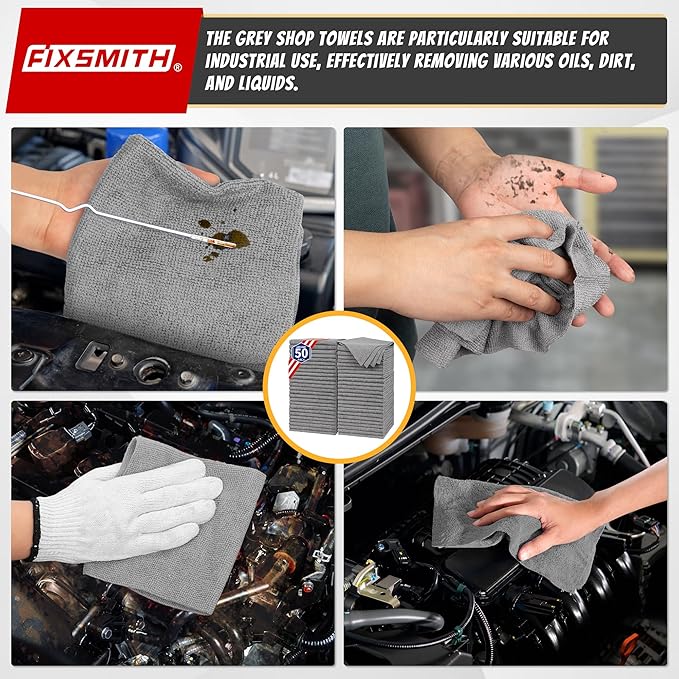 FIXSMITH Shop Towels, Pack of 50, Grey Microfiber Cleaning Cloth Bulk, Microfiber Towels for Cars, All-Purpose Absorbent Cleaning Rags, Dust Cloth for Automotive, Mechanic, Garage, 11.5 x 11.5 inch