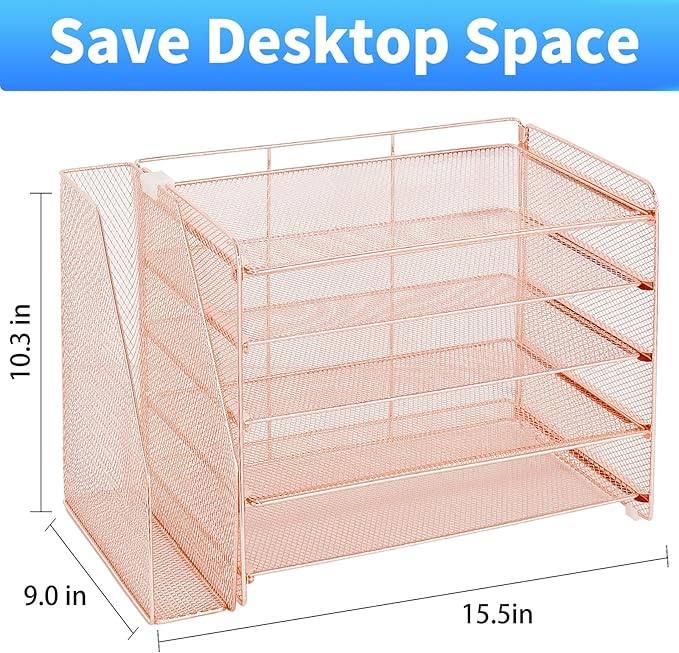 OPNICE Desk Organizer, 5-Tier Paper Organizer Letter Tray with Magazine Holder, Office Desk Accessories & Workspace Organizers, Desktop File Organizer for Office Supplies Storage, Rose Gold