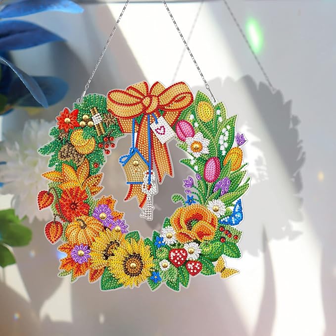 5D Diamond Dots Fall Wreath with LED Light String DIY Pumpkin Sunflower Diamond Art Painting Thanksgiving Wreaths Hanging Pendant Special Shaped Beads by Number Kits Farmhouse Wall Front Door Decor
