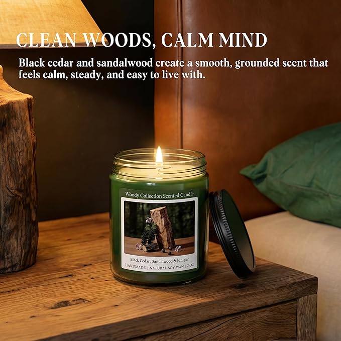 Homsolver Sandalwood Scented Candle, Natural Soy Candles with 50+ Hour Burn, 7oz Black Cedar & Sandalwood with Juniper Jar Candle, Woody Aroma for Home, Bedroom, Office, Calm and Grounded Fragrance