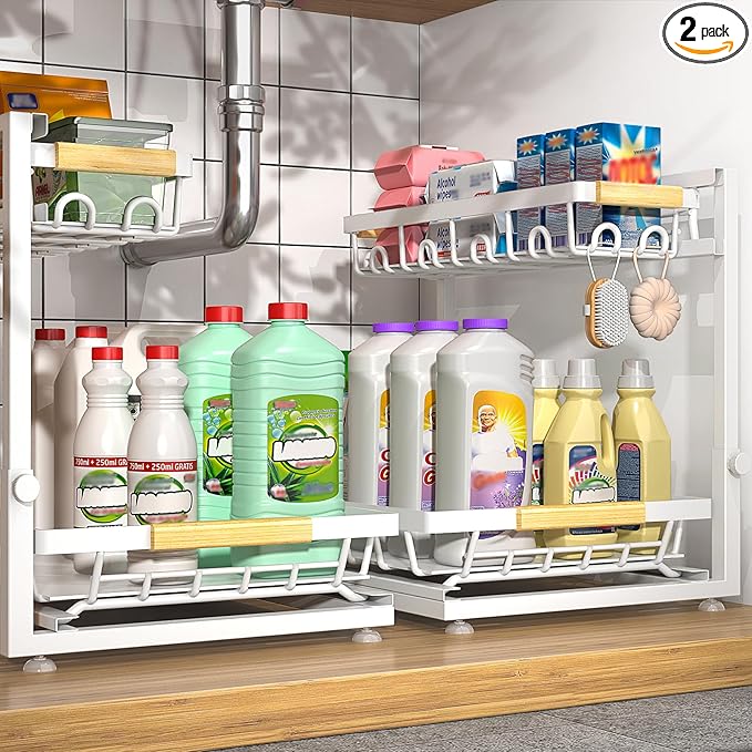 2 Packs Under Sink Organizer, Height Adjustable 3 Tier Under Kitchen Sink Organizer, Multi-Purpose Storage Shelf for Kitchen Bathroom Cabinet (White, Large)