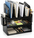 CiWiVOKi Desk Organizer with 4 File Holder Slots, 2 Clear Drawers & Dual Pen Holders, Multi-Functional Office Supplies Desktop Storage for Home Office, Space-Saving Mail Sorter & Caddy, Black