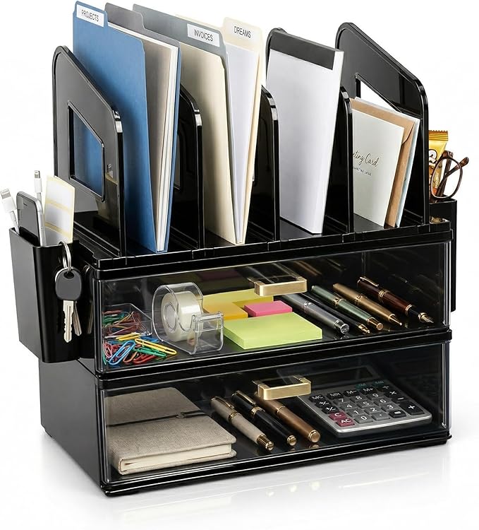 CiWiVOKi Desk Organizer with 4 File Holder Slots, 2 Clear Drawers & Dual Pen Holders, Multi-Functional Office Supplies Desktop Storage for Home Office, Space-Saving Mail Sorter & Caddy, Black