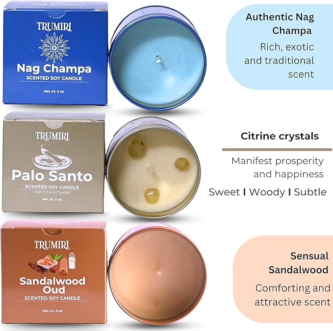 Palo Santo, Nag Champa, Sandalwood Oud - Soy Candles Non Toxic - Highly Scented Long Lasting with Essential Oils - Variety Pack of 3 x 5oz - for Home Aromatherapy Meditation Gift Travel