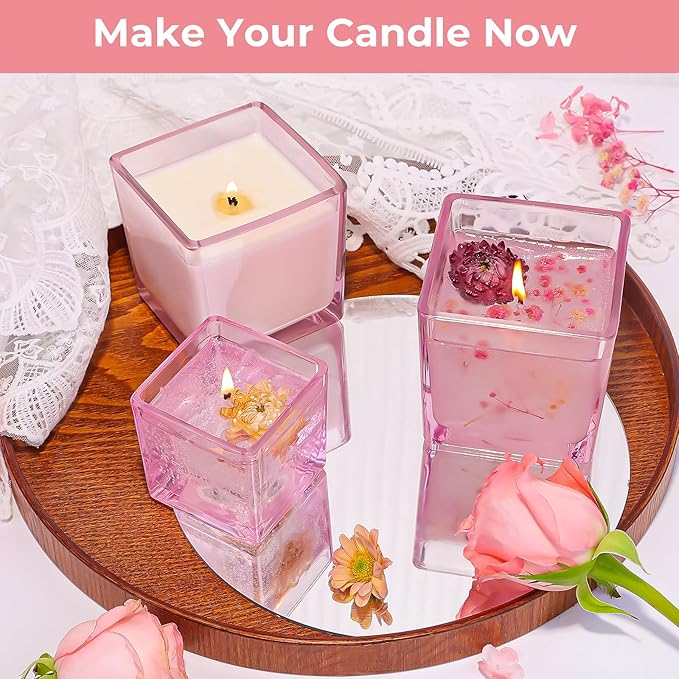 CONNOO 12 Pack 9oz, 3oz Pink Square Candle Jars for Making Candles, Thick Glass Bulk Empty Candle Containers with Airtight Bamboo Lids for Candle Making, Sticky Warning Labels - Dishwasher Safe