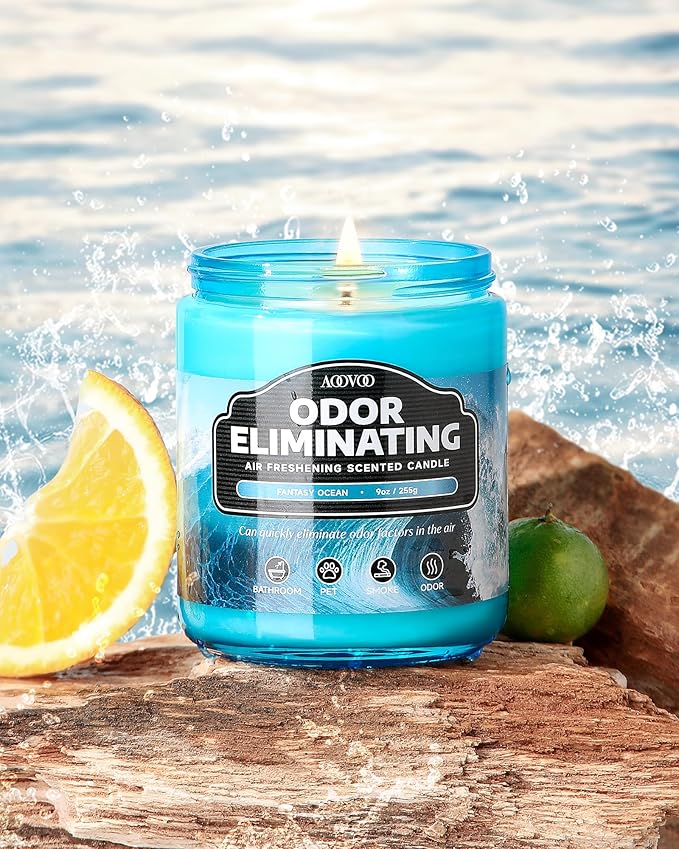 AOOVOO Ocean 2 Pack Odor Eliminating Highly Fragranced Candle - Eliminates 95% of Pet, Smoke, Food and Other Smells Quickly, Non Toxic Air Freshing Soy Candle, 18 oz Up to 100 Hours Burn time