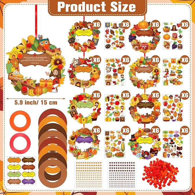 Hollowfly 48 Sets Wreath Craft Kits DIY Wreath Hanging Ornaments Make Your Own Paper Craft with Stickers for Home Party Favors Activities(Christian Thanksgiving)