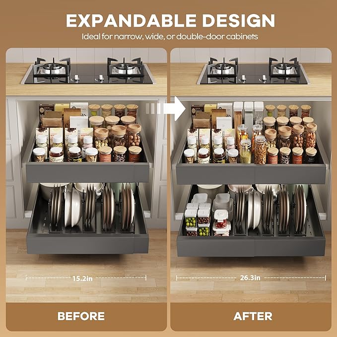 Seinloes 4 Pack Pull out Cabinet Organizer 21" Deep With Raising Pad for Framed Cabinets,Expandable (15.2"-26.3"W) Slide out Drawers for Kitchen Cabinets with 4pcs Divider Racks,Roll out Shelves,Black