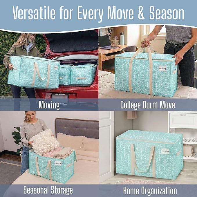 VENO 4 Pack Heavy Duty Moving Bags, Extra Large Storage Bags with Reinforced Handles & Strong Zippers, Foldable & Reusable Moving Box Alternative for Clothes & Dorm Storage