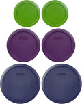Pyrex (2) 7200-PC 2-Cup Lawn Green, (2) 7201-PC 4-Cup Purple, (2) 7402-PC 6/7-Cup Blue Food Storage Replacement Lids - Made in USA