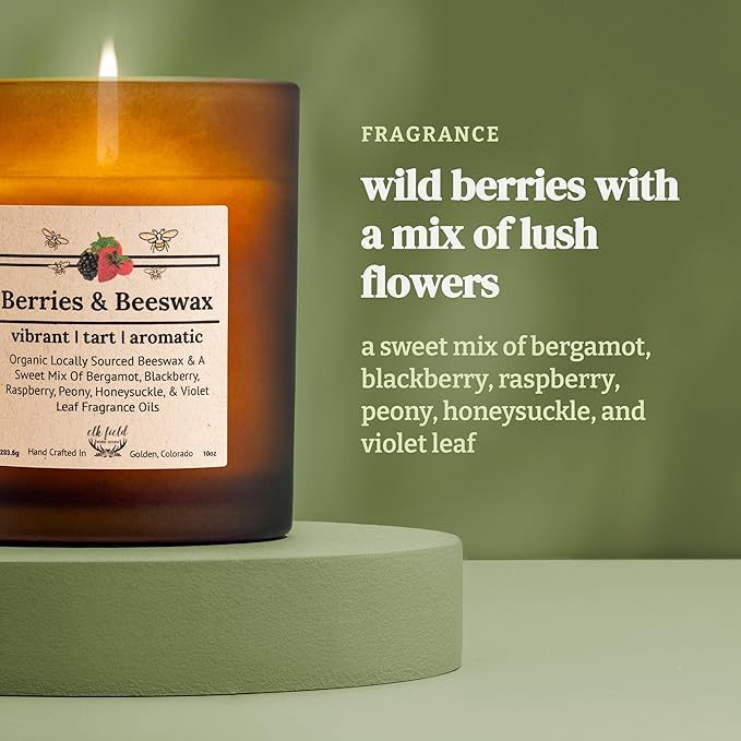Berries Organic Beeswax Candle | 2 Ingredients | 100% Pure Beeswax Candles, Non Toxic, Natural, Organic Candles, Beeswax Candles Scented, Non Toxic Candles, 80 Hour, 14oz